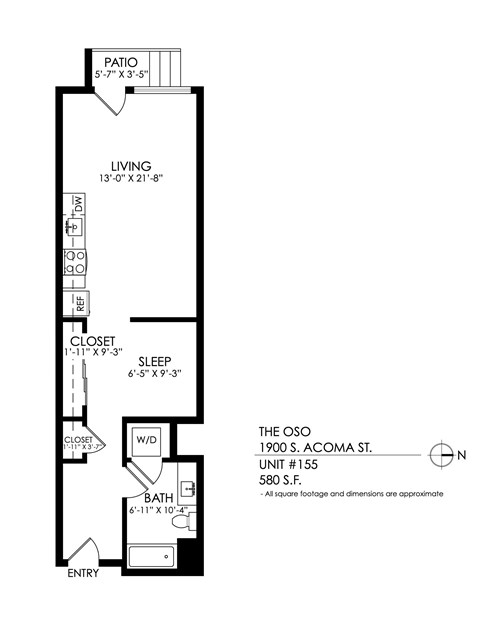 A floor plan for a one bedroom apartment with a living room, sleeping area, and bathroom.